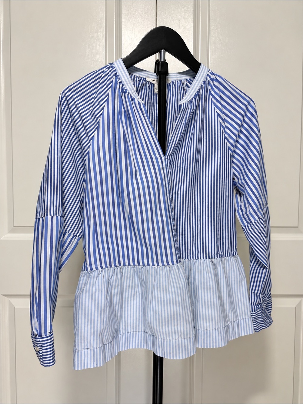 Blue Striped Peplum Blouse with Ruffle Hem